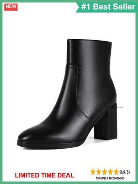 Faux Leather Ankle Boots Side Zip Chunky Block Heel Round Toe Booties